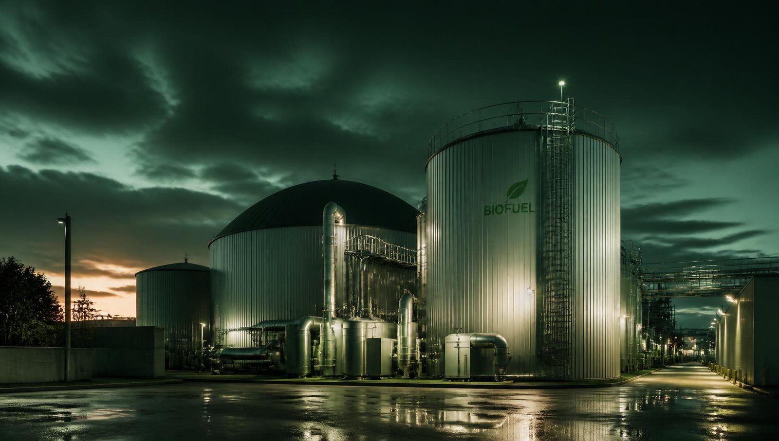 Modern industrial biogas and biofuel processing facility at dusk